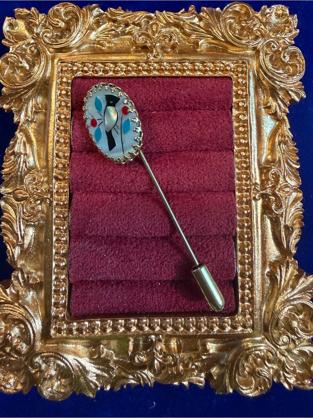 Vintage Gold Tone Scalloped Edge Mother of Pearl Inlay Bird Hat Lapel Stick Pin